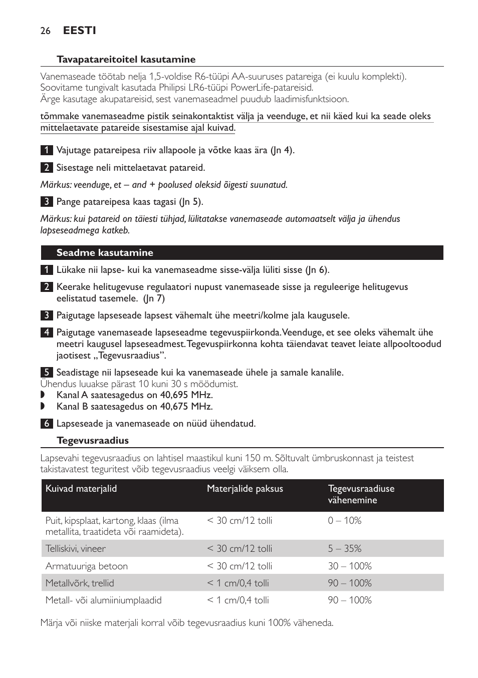 Tavapatareitoitel kasutamine, Seadme kasutamine, Tegevusraadius | Philips SCD470 User Manual | Page 26 / 104