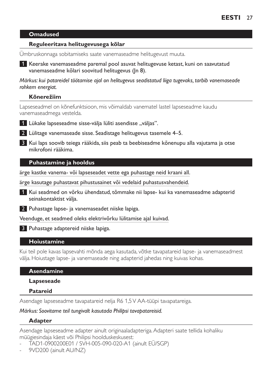 Omadused, Reguleeritava helitugevusega kõlar, Kõnerežiim | Lapseseade, Puhastamine ja hooldus, Hoiustamine, Asendamine, Patareid, Adapter | Philips SCD470 User Manual | Page 27 / 104