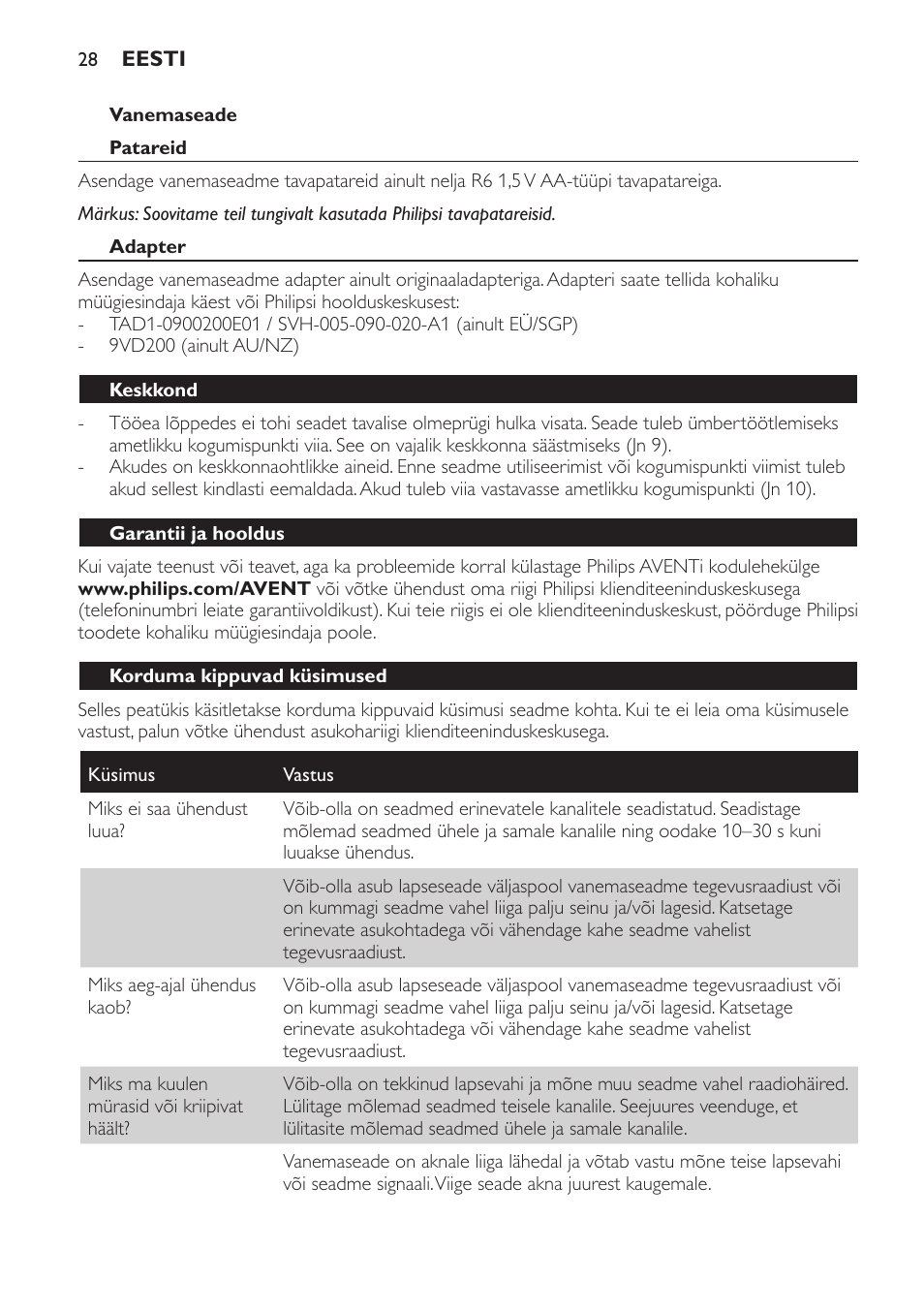 Vanemaseade, Patareid, Adapter | Keskkond, Garantii ja hooldus, Korduma kippuvad küsimused | Philips SCD470 User Manual | Page 28 / 104