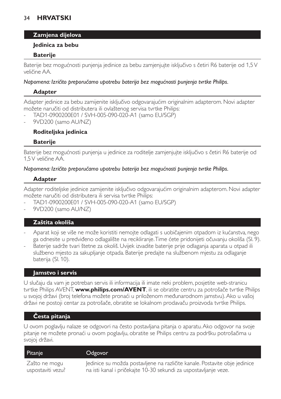 Adapter, Roditeljska jedinica, Baterije | Zaštita okoliša, Jamstvo i servis, Česta pitanja | Philips SCD470 User Manual | Page 34 / 104