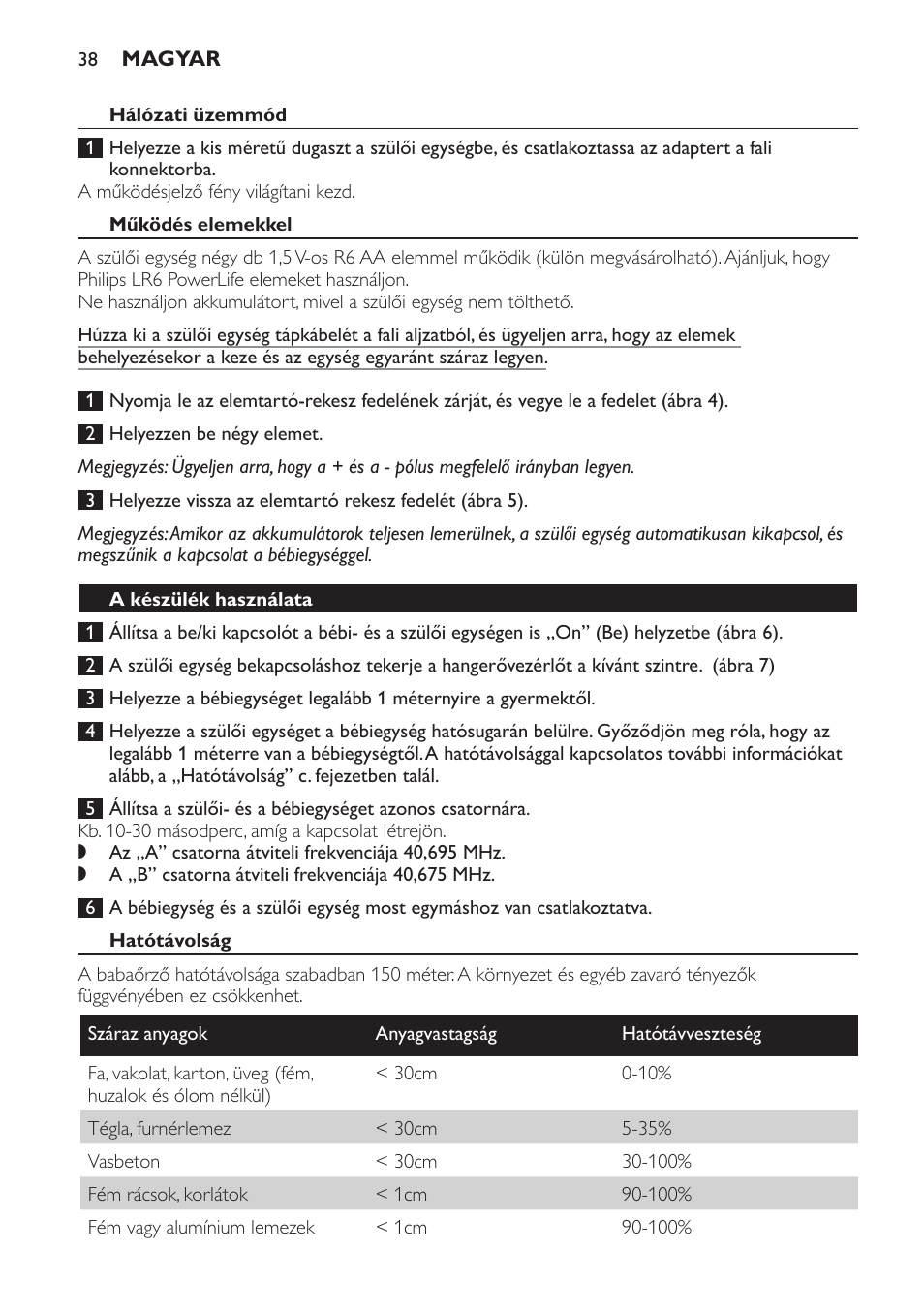 Működés elemekkel, A készülék használata, Hatótávolság | Philips SCD470 User Manual | Page 38 / 104