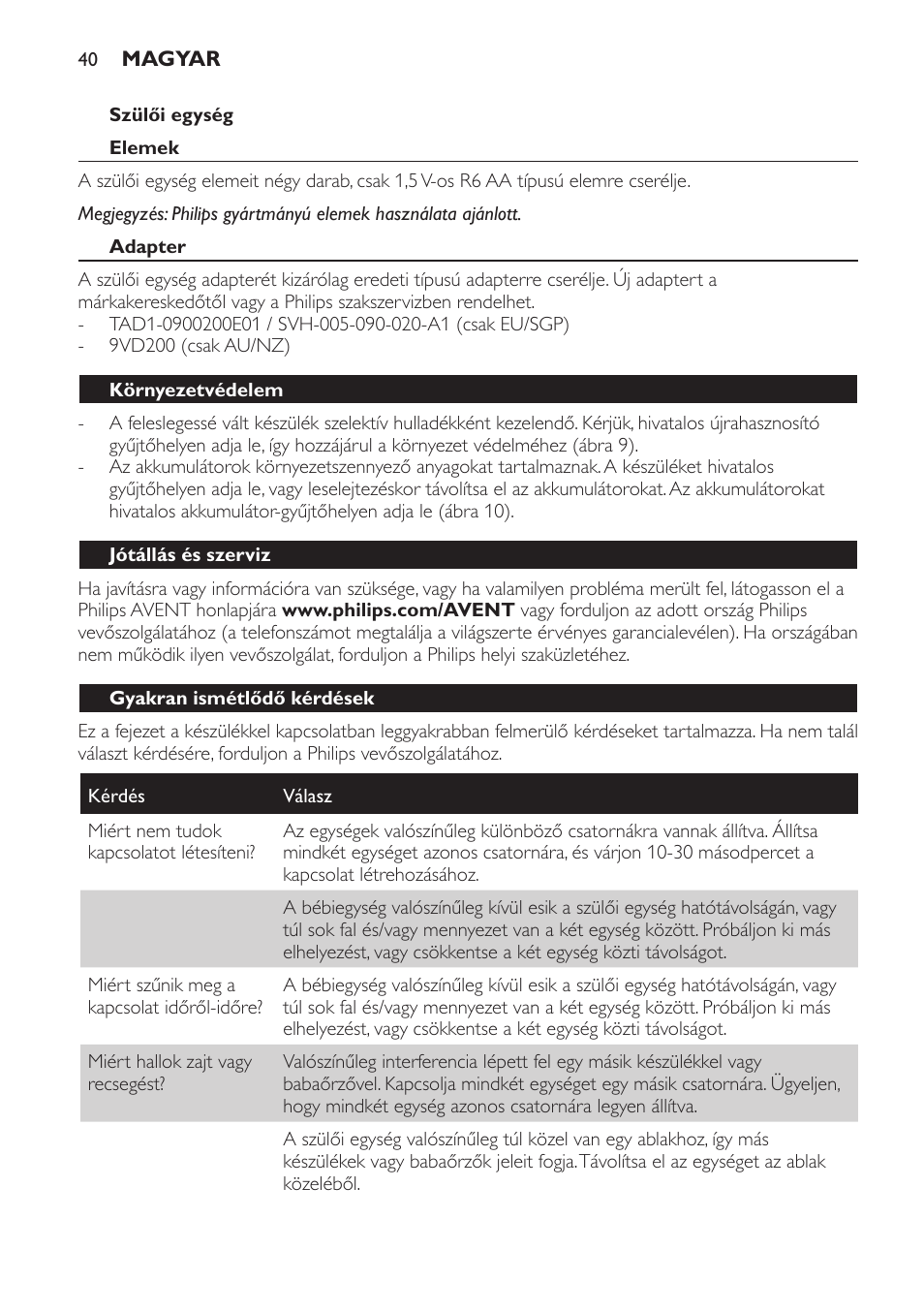 Szülői egység, Elemek, Adapter | Környezetvédelem, Jótállás és szerviz, Gyakran ismétlődő kérdések | Philips SCD470 User Manual | Page 40 / 104