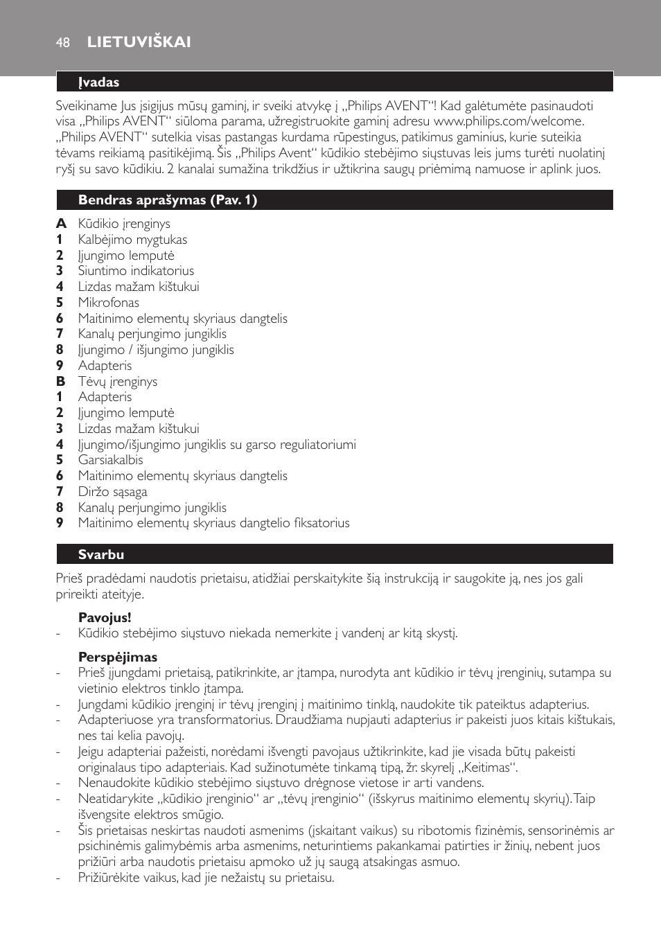 Pavojus, Perspėjimas, Lietuviškai | Įvadas, Bendras aprašymas (pav. 1), Svarbu | Philips SCD470 User Manual | Page 48 / 104