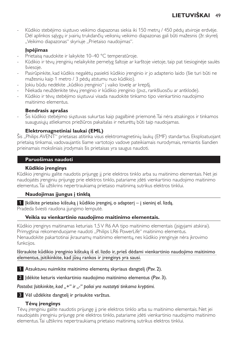 Įspėjimas, Bendrasis aprašas, Elektromagnetiniai laukai (eml) | Kūdikio įrenginys, Paruošimas naudoti, Naudojimas įjungus į tinklą, Tėvų įrenginys | Philips SCD470 User Manual | Page 49 / 104