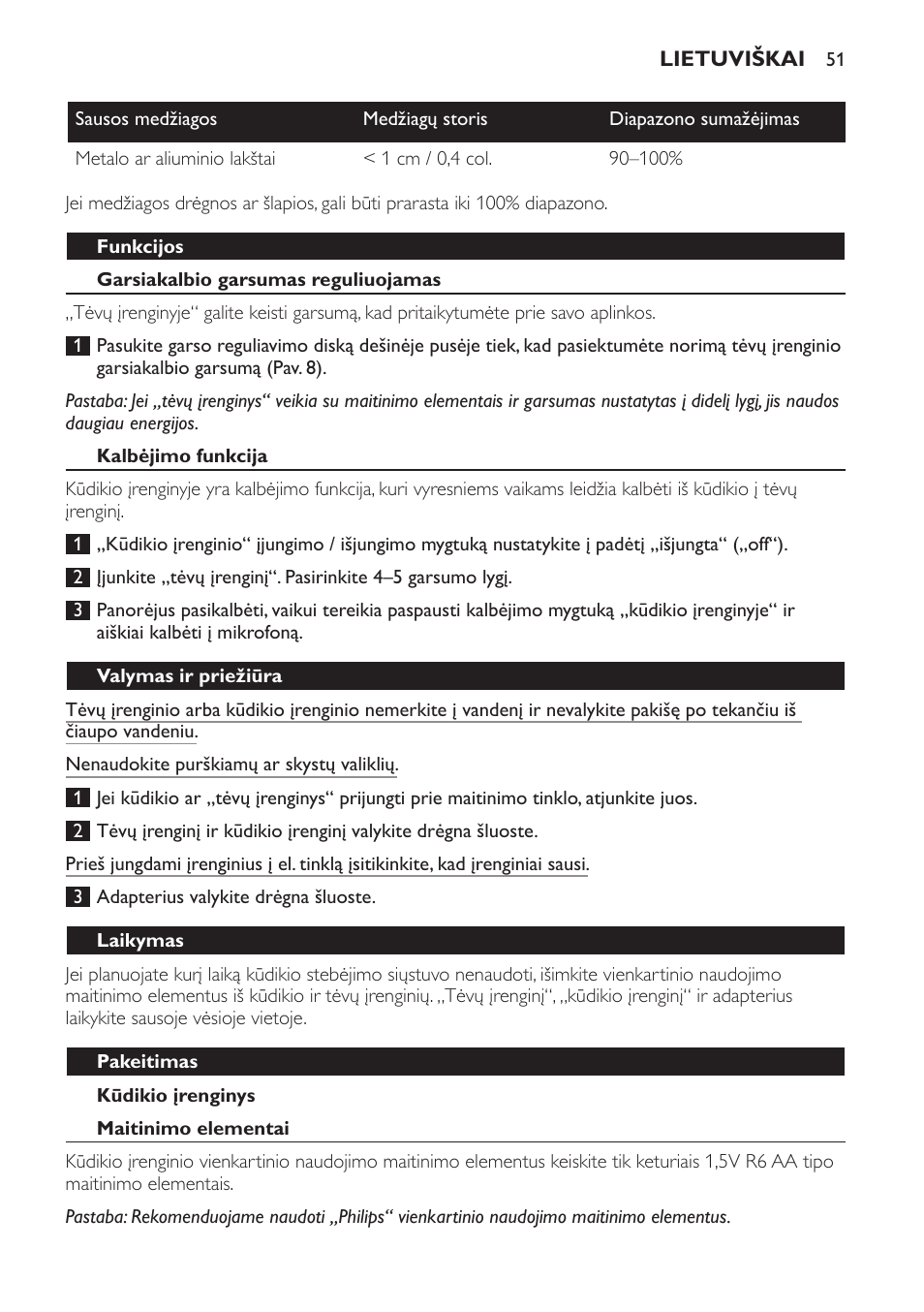 Funkcijos, Garsiakalbio garsumas reguliuojamas, Kalbėjimo funkcija | Kūdikio įrenginys, Valymas ir priežiūra, Laikymas, Pakeitimas, Maitinimo elementai | Philips SCD470 User Manual | Page 51 / 104