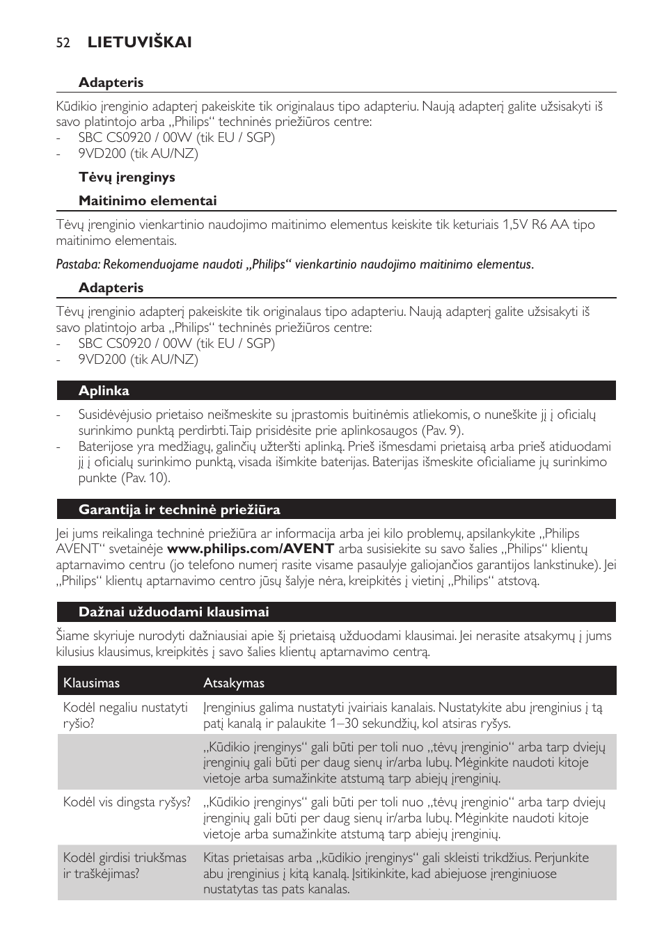 Adapteris, Tėvų įrenginys, Maitinimo elementai | Aplinka, Garantija ir techninė priežiūra, Dažnai užduodami klausimai | Philips SCD470 User Manual | Page 52 / 104