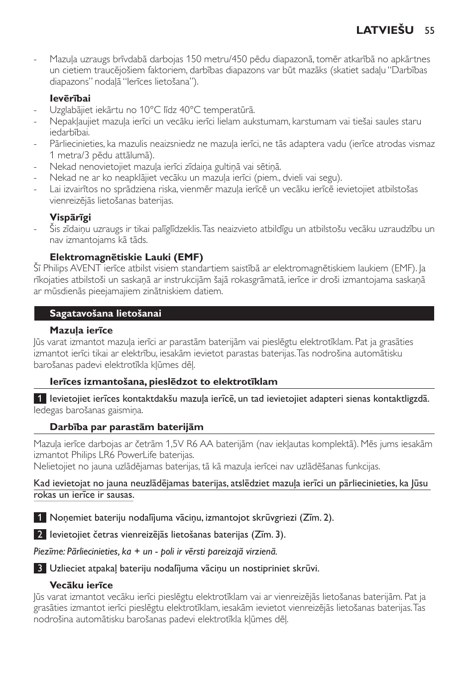 Ievērībai, Vispārīgi, Elektromagnētiskie lauki (emf) | Mazuļa ierīce, Sagatavošana lietošanai, Ierīces izmantošana, pieslēdzot to elektrotīklam, Darbība par parastām baterijām, Vecāku ierīce | Philips SCD470 User Manual | Page 55 / 104