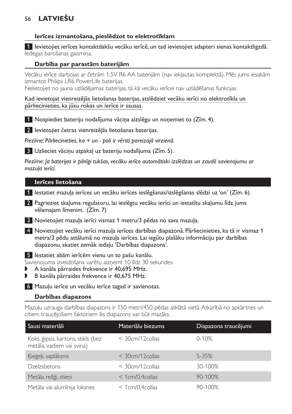 Ierīces izmantošana, pieslēdzot to elektrotīklam, Darbība par parastām baterijām, Ierīces lietošana | Darbības diapazons | Philips SCD470 User Manual | Page 56 / 104