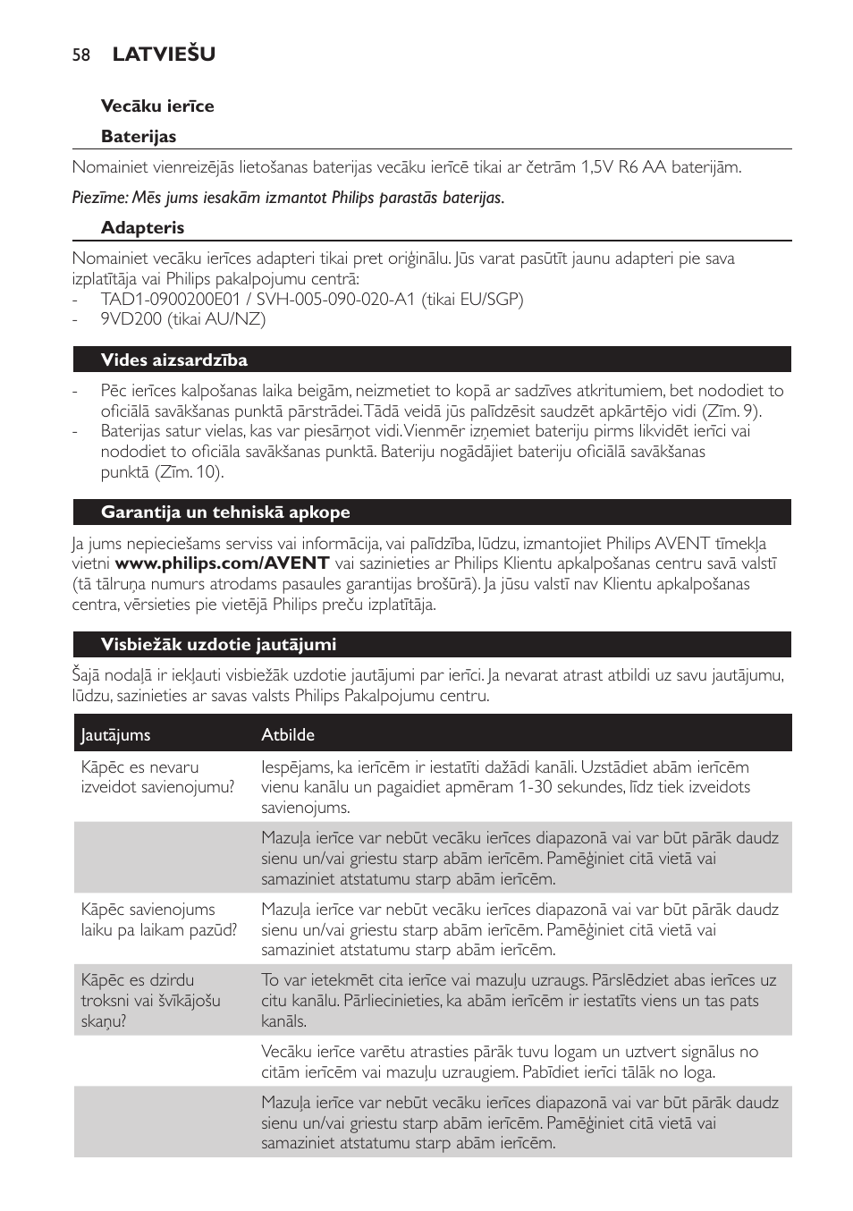 Vecāku ierīce, Baterijas, Adapteris | Vides aizsardzība, Garantija un tehniskā apkope, Visbiežāk uzdotie jautājumi | Philips SCD470 User Manual | Page 58 / 104