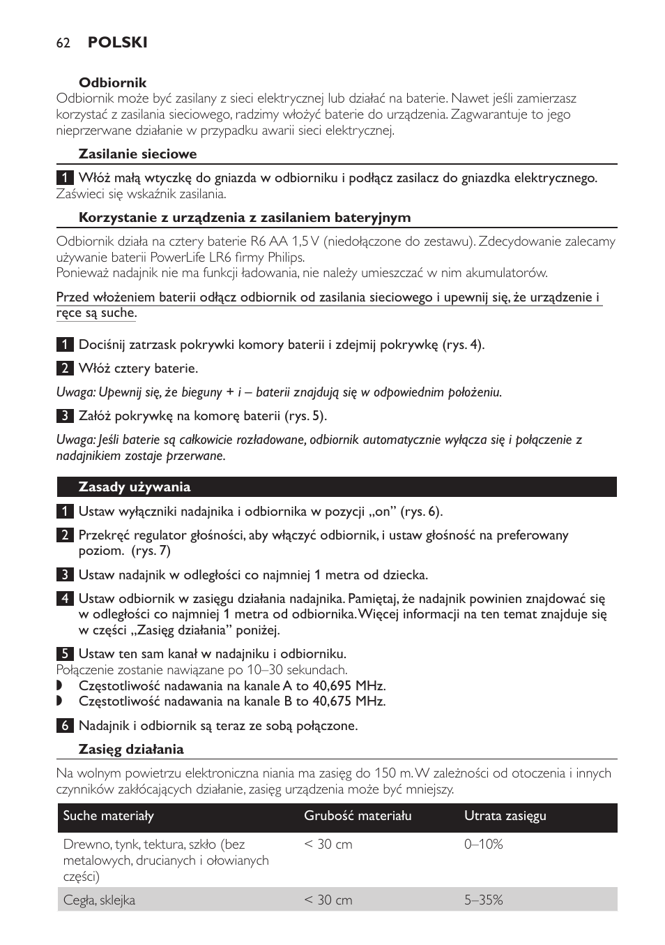 Odbiornik, Zasilanie sieciowe, Korzystanie z urządzenia z zasilaniem bateryjnym | Zasady używania, Zasięg działania | Philips SCD470 User Manual | Page 62 / 104