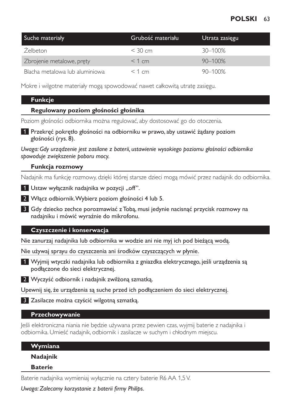 Funkcje, Regulowany poziom głośności głośnika, Funkcja rozmowy | Nadajnik, Czyszczenie i konserwacja, Przechowywanie, Wymiana, Baterie | Philips SCD470 User Manual | Page 63 / 104