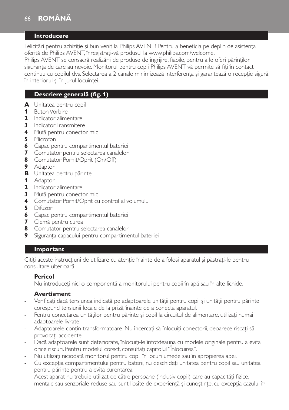 Pericol, Avertisment, Română | Introducere, Descriere generală (fig. 1), Important | Philips SCD470 User Manual | Page 66 / 104