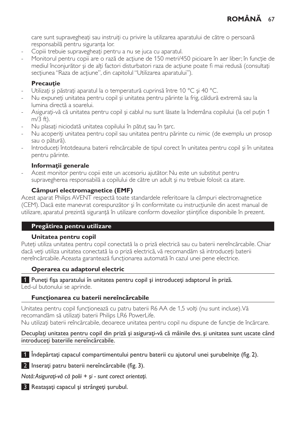 Precauţie, Informaţii generale, Câmpuri electromagnetice (emf) | Unitatea pentru copil, Pregătirea pentru utilizare, Operarea cu adaptorul electric, Funcţionarea cu baterii nereîncărcabile | Philips SCD470 User Manual | Page 67 / 104