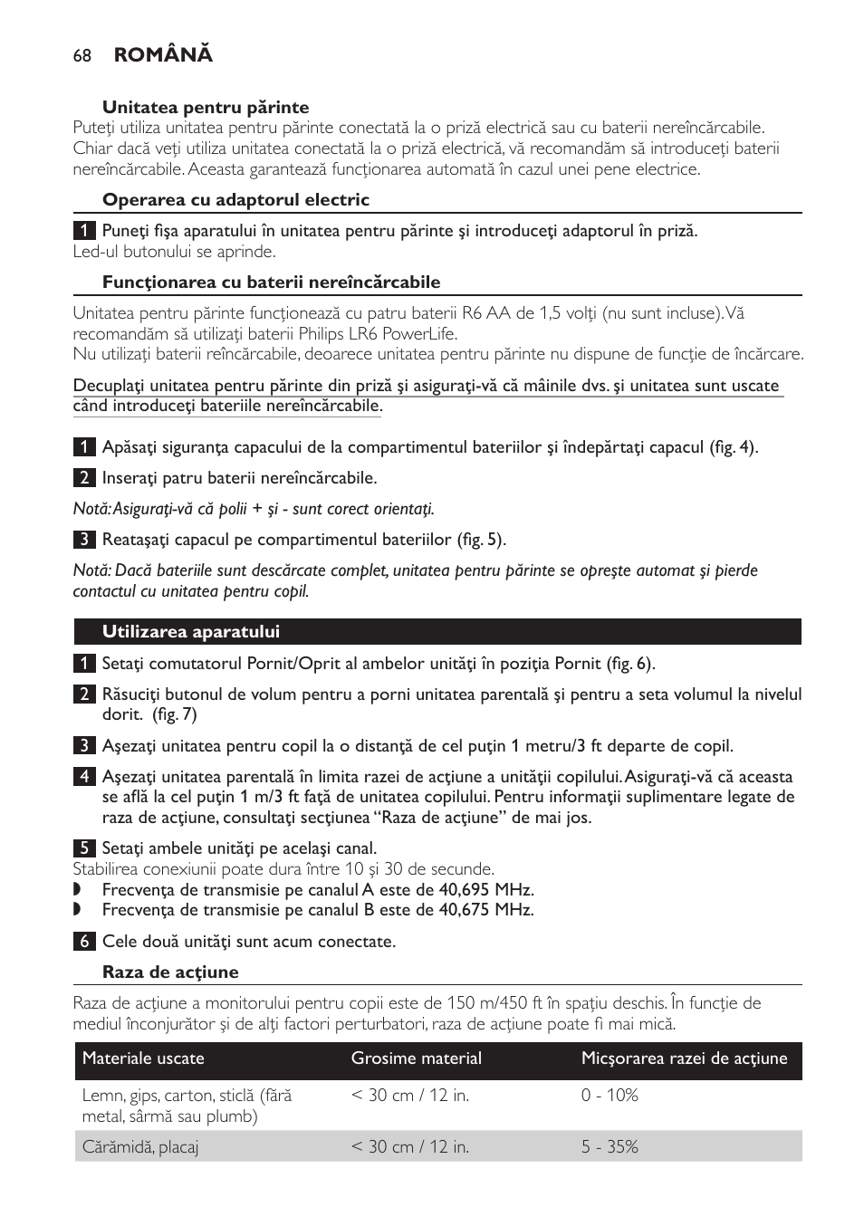 Unitatea pentru părinte, Operarea cu adaptorul electric, Funcţionarea cu baterii nereîncărcabile | Utilizarea aparatului, Raza de acţiune | Philips SCD470 User Manual | Page 68 / 104