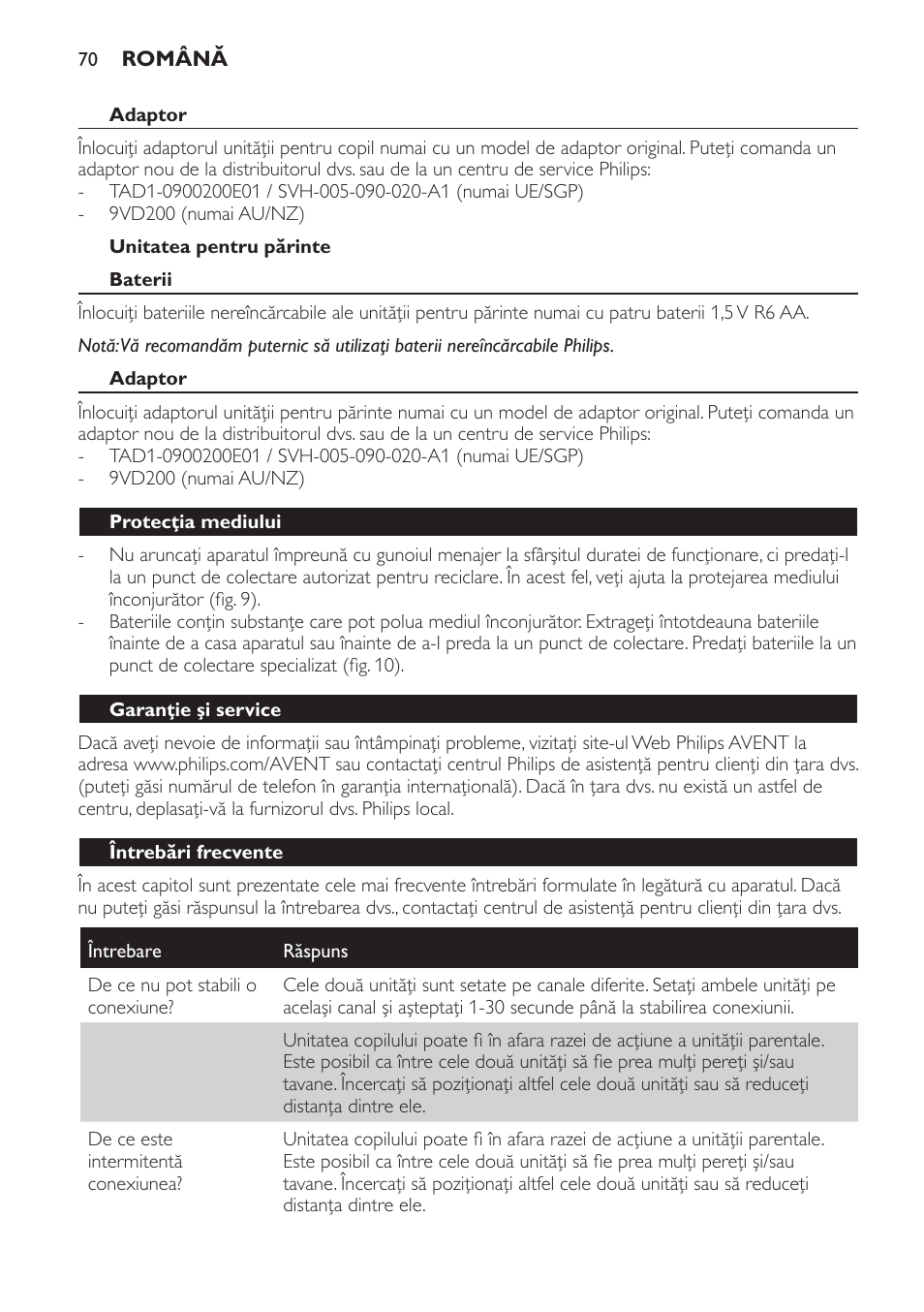 Adaptor, Unitatea pentru părinte, Baterii | Protecţia mediului, Garanţie şi service, Întrebări frecvente | Philips SCD470 User Manual | Page 70 / 104