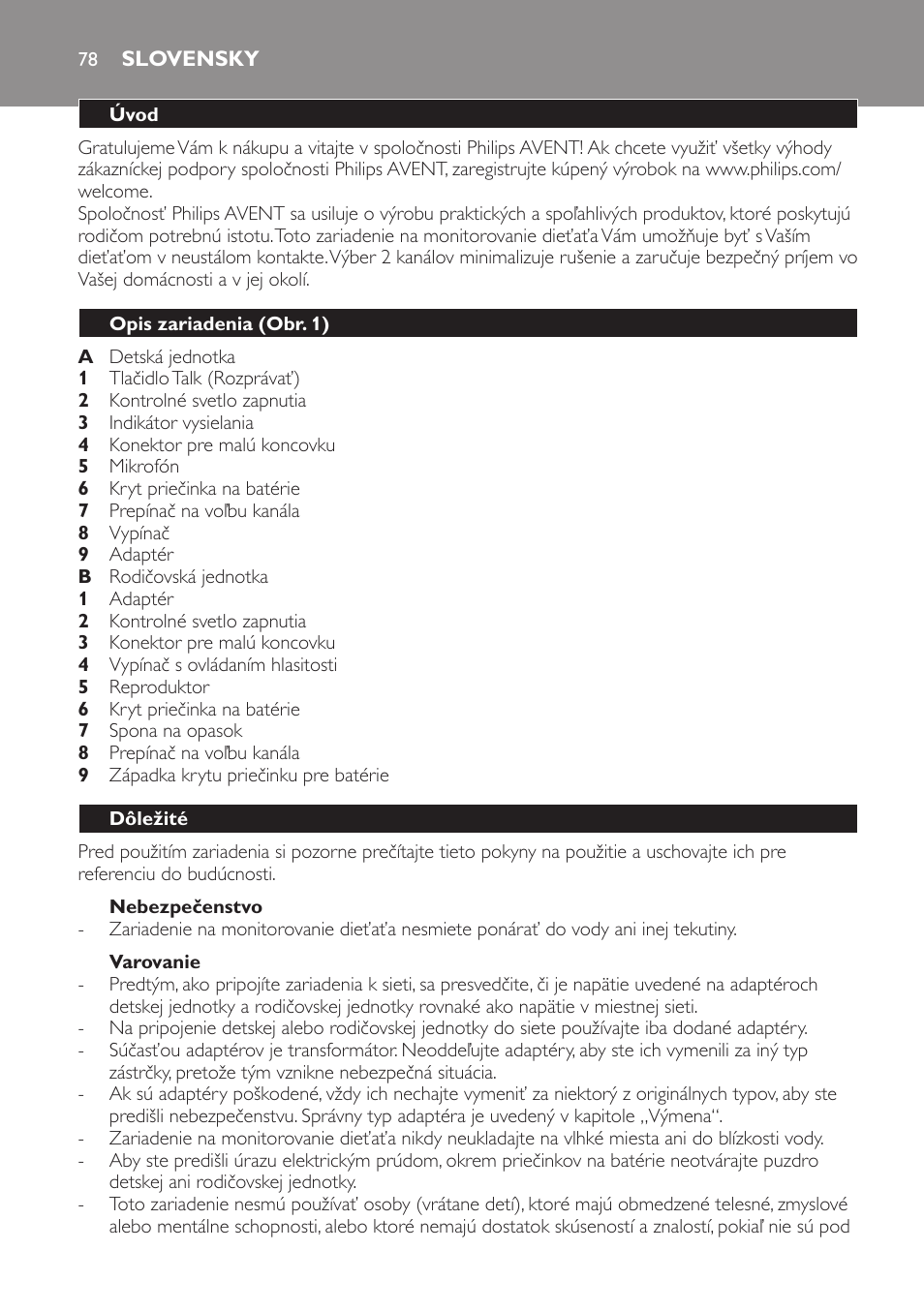 Nebezpečenstvo, Varovanie, Slovensky | Úvod, Opis zariadenia (obr. 1), Dôležité | Philips SCD470 User Manual | Page 78 / 104