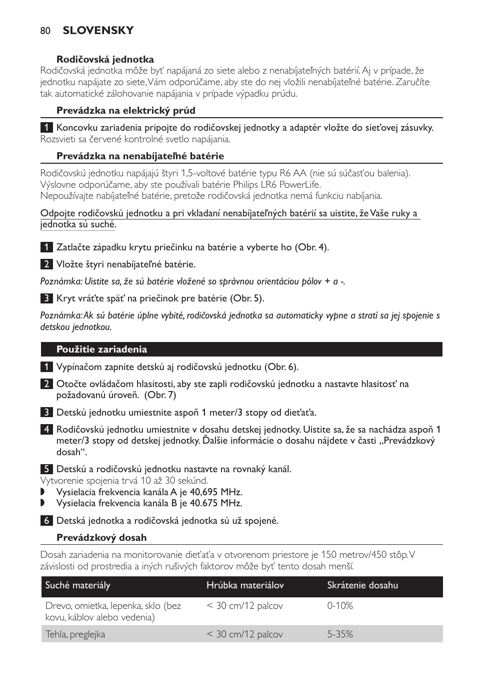 Rodičovská jednotka, Prevádzka na elektrický prúd, Prevádzka na nenabíjateľné batérie | Použitie zariadenia, Prevádzkový dosah | Philips SCD470 User Manual | Page 80 / 104