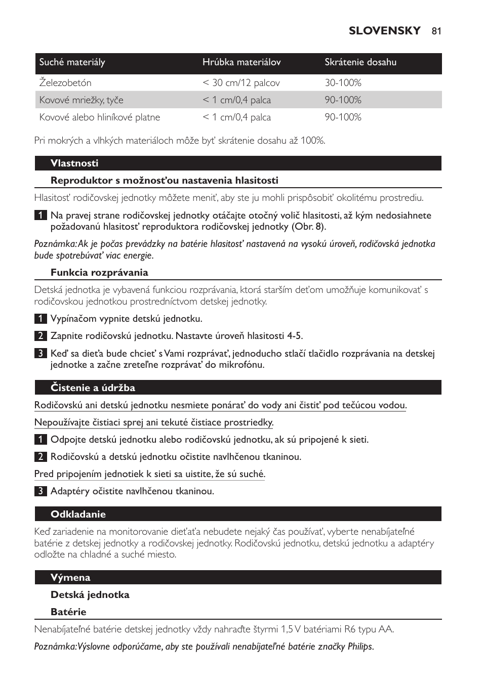 Vlastnosti, Reproduktor s možnosťou nastavenia hlasitosti, Funkcia rozprávania | Detská jednotka, Čistenie a údržba, Odkladanie, Výmena, Batérie | Philips SCD470 User Manual | Page 81 / 104