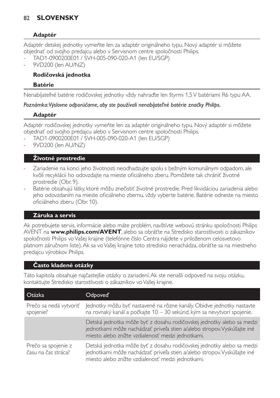 Adaptér, Rodičovská jednotka, Batérie | Životné prostredie, Záruka a servis, Často kladené otázky | Philips SCD470 User Manual | Page 82 / 104