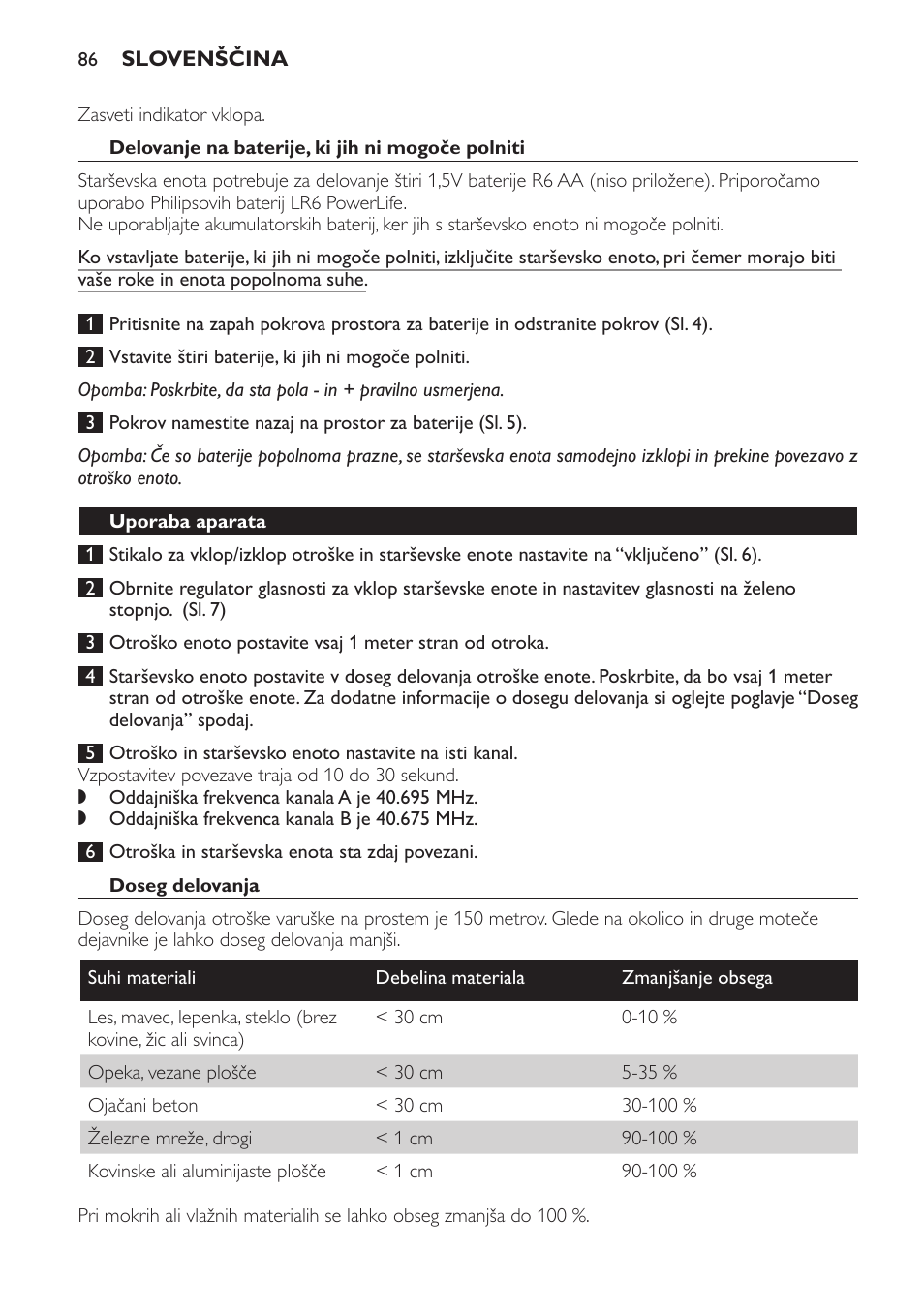 Delovanje na baterije, ki jih ni mogoče polniti, Uporaba aparata, Doseg delovanja | Philips SCD470 User Manual | Page 86 / 104