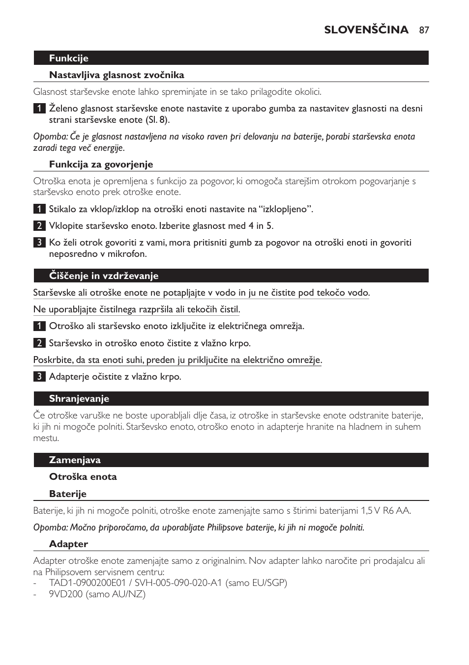 Funkcije, Nastavljiva glasnost zvočnika, Funkcija za govorjenje | Otroška enota, Čiščenje in vzdrževanje, Shranjevanje, Zamenjava, Baterije, Adapter | Philips SCD470 User Manual | Page 87 / 104