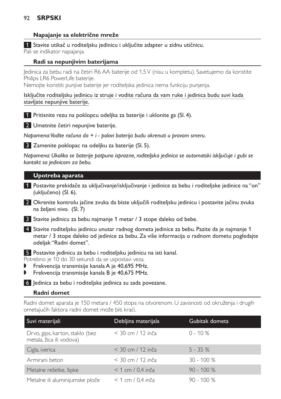 Radi sa nepunjivim baterijama, Upotreba aparata, Radni domet | Philips SCD470 User Manual | Page 92 / 104