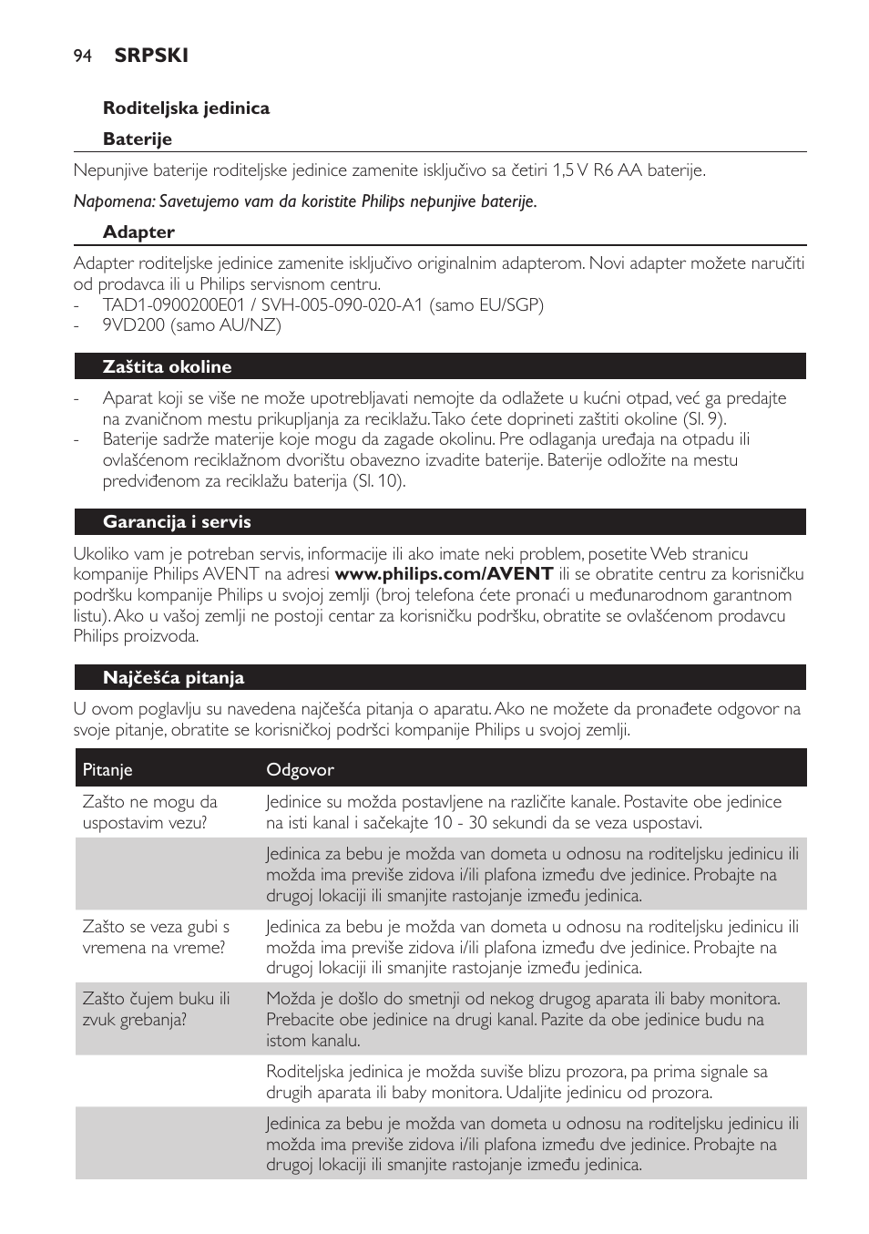 Roditeljska jedinica, Baterije, Adapter | Zaštita okoline, Garancija i servis, Najčešća pitanja | Philips SCD470 User Manual | Page 94 / 104