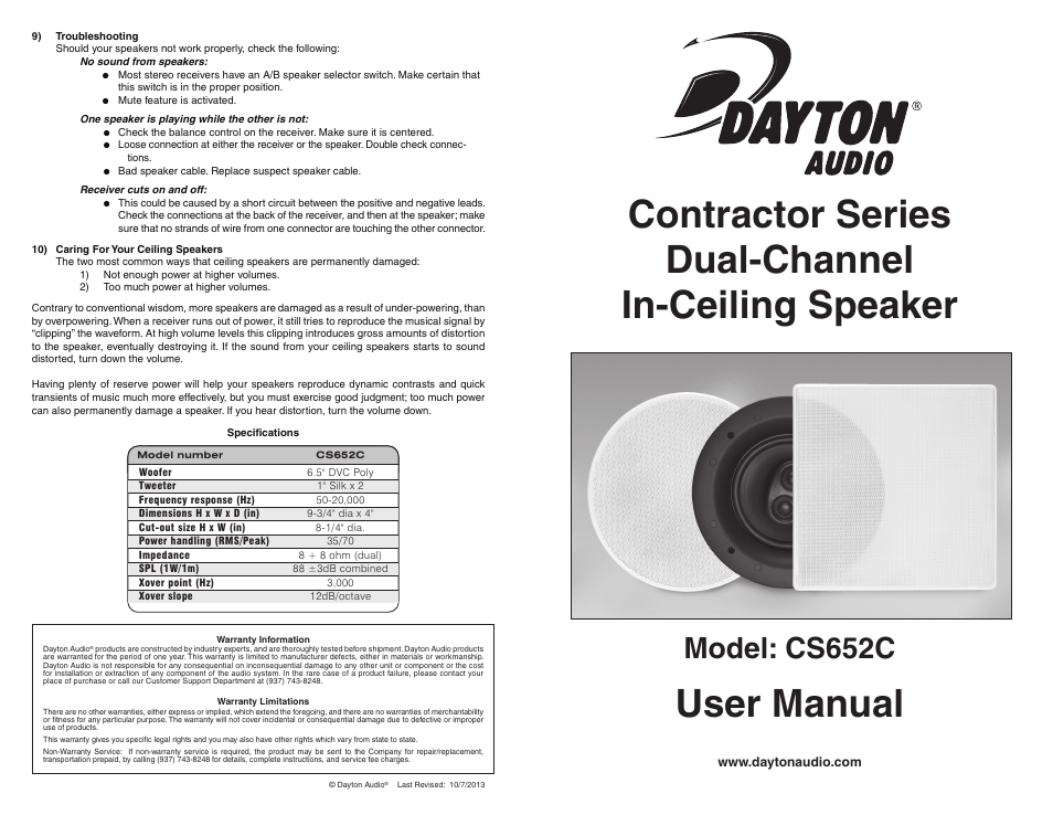 Dayton Audio CS652C 6-1 User Manual | 2 pages