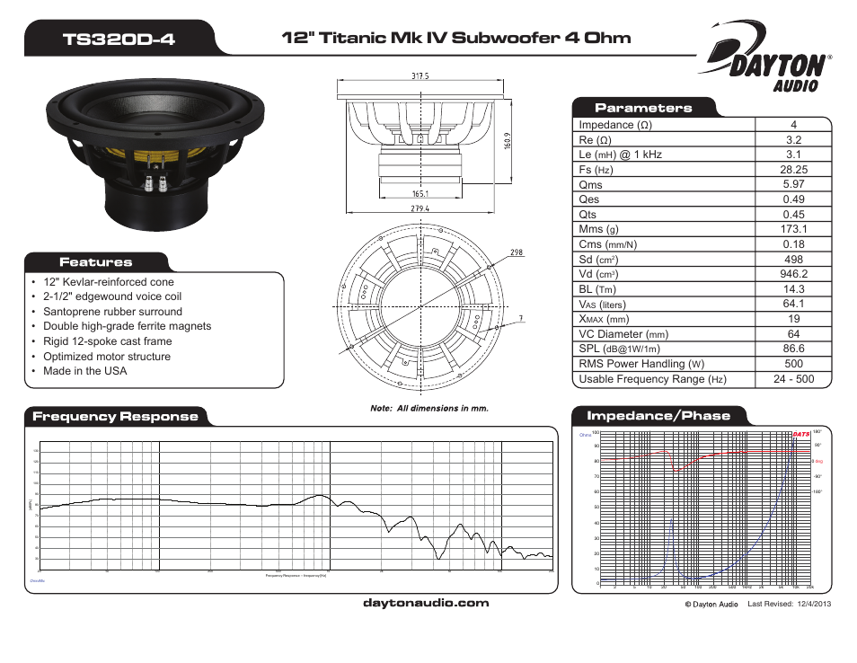 Dayton Audio TS320D-4 12" Titanic Mk 4 Subwoofer 4 Ohm User Manual | 1 page