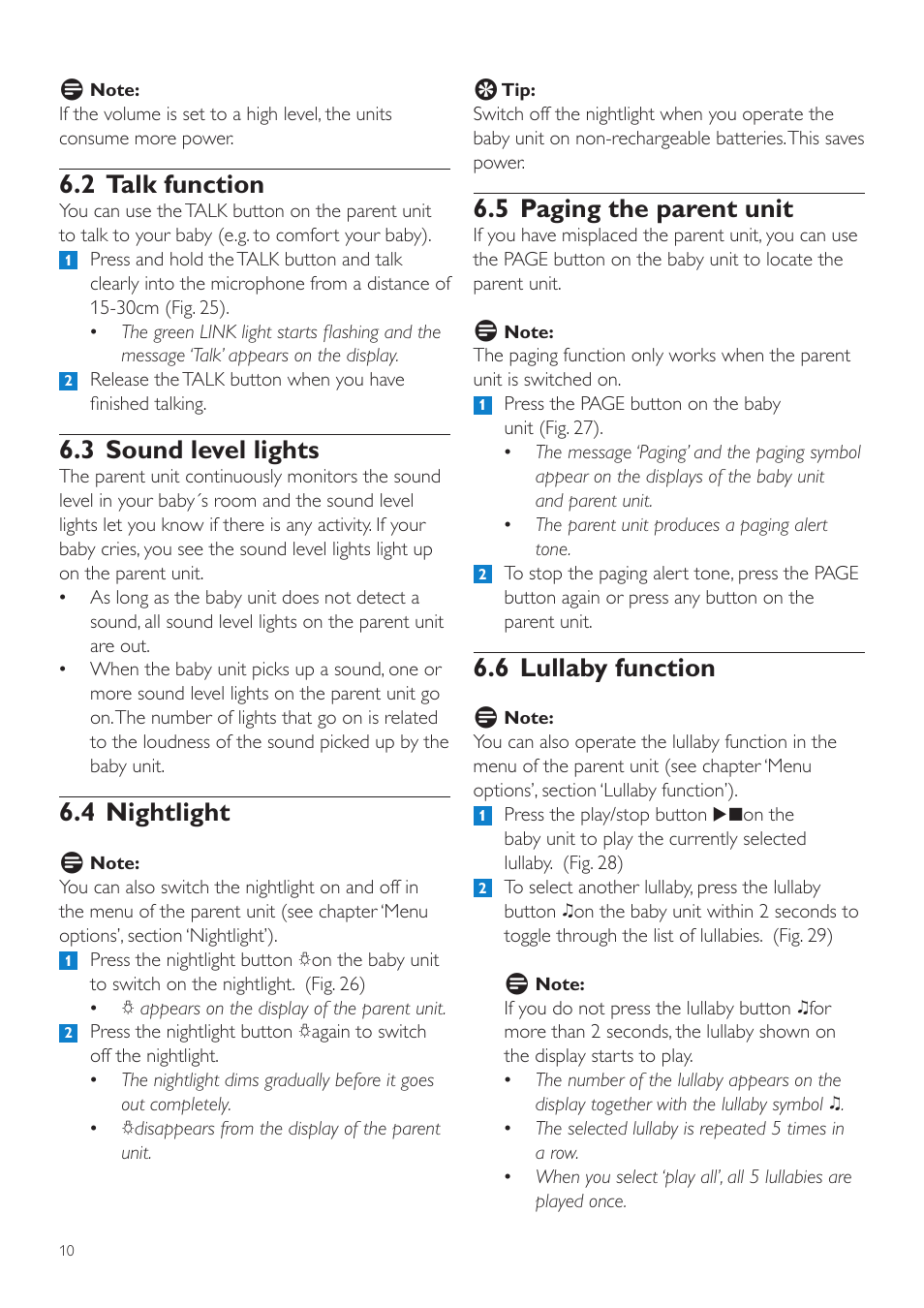 5 paging the parent unit, 6 lullaby function, 2 talk function | 3 sound level lights, 4 nightlight | Philips SCD535 User Manual | Page 10 / 268