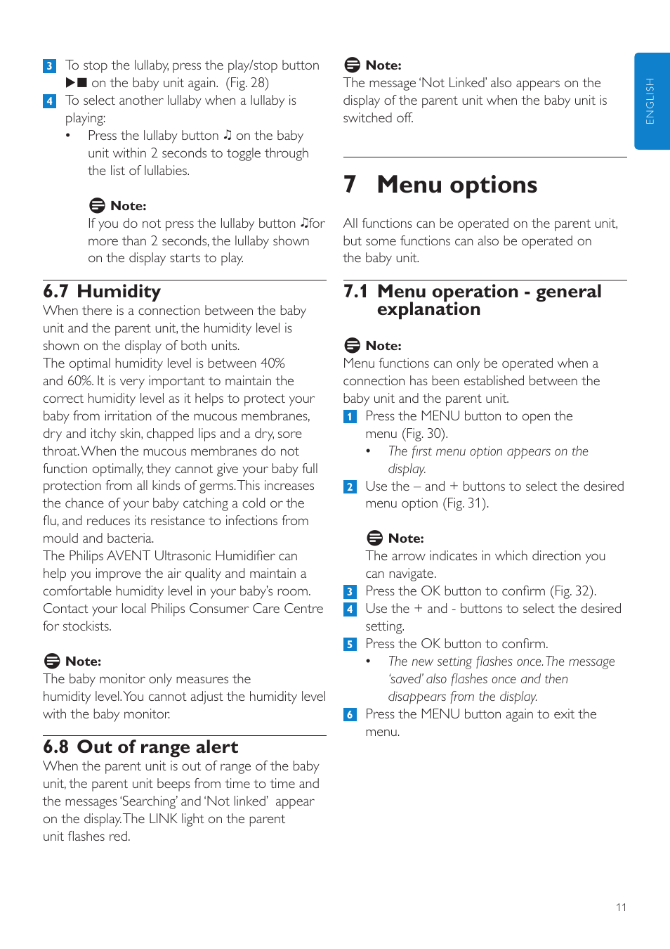 7 menu options, 1 menu operation - general explanation, 7 humidity | 8 out of range alert | Philips SCD535 User Manual | Page 11 / 268