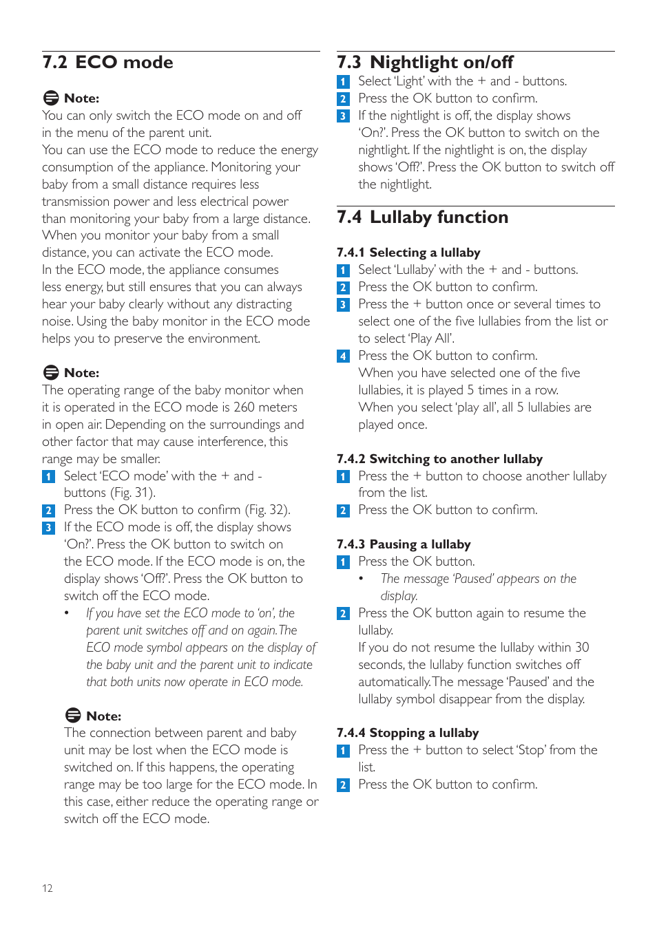 3 nightlight on/off, 4 lullaby function, 2 eco mode | Philips SCD535 User Manual | Page 12 / 268