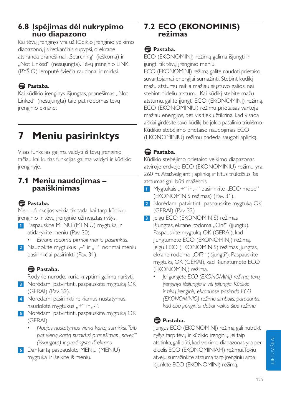 7 meniu pasirinktys, 2 eco (ekonominis) režimas, 8 įspėjimas dėl nukrypimo nuo diapazono | 1 meniu naudojimas – paaiškinimas | Philips SCD535 User Manual | Page 125 / 268