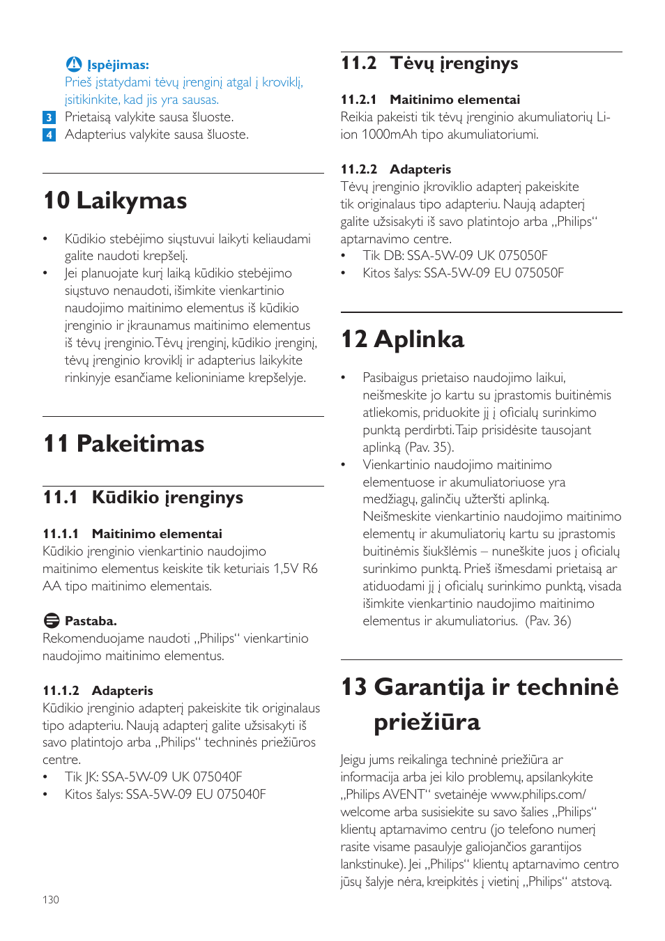 12 aplinka, 13 garantija ir techninė priežiūra, 10 laikymas | 11 pakeitimas, 2 tėvų įrenginys, 1 kūdikio įrenginys | Philips SCD535 User Manual | Page 130 / 268