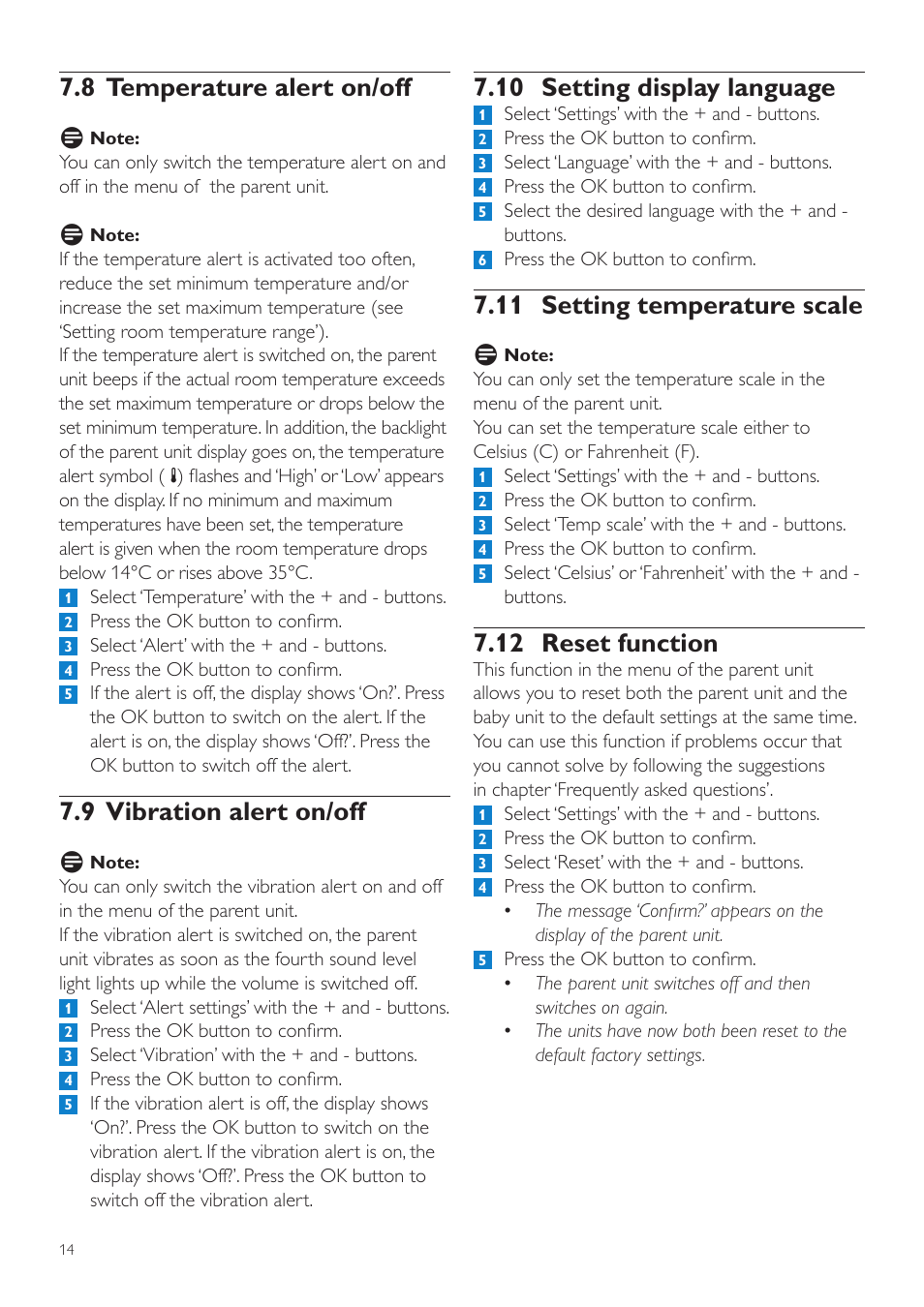 10 setting display language, 11 setting temperature scale, 12 reset function | 8 temperature alert on/off, 9 vibration alert on/off | Philips SCD535 User Manual | Page 14 / 268