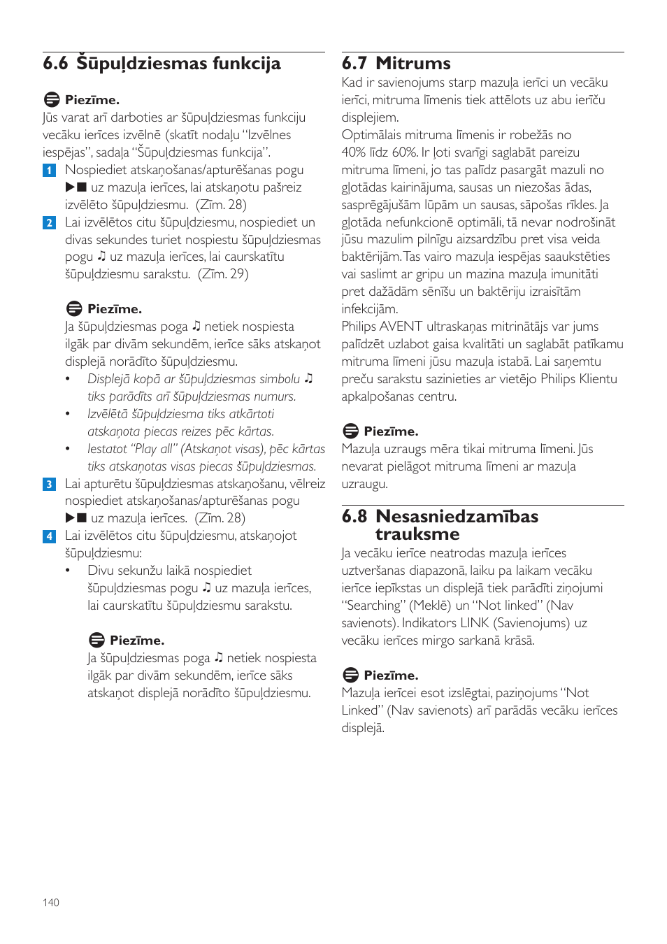 7 mitrums, 8 nesasniedzamības trauksme, 6 šūpuļdziesmas funkcija | Philips SCD535 User Manual | Page 140 / 268