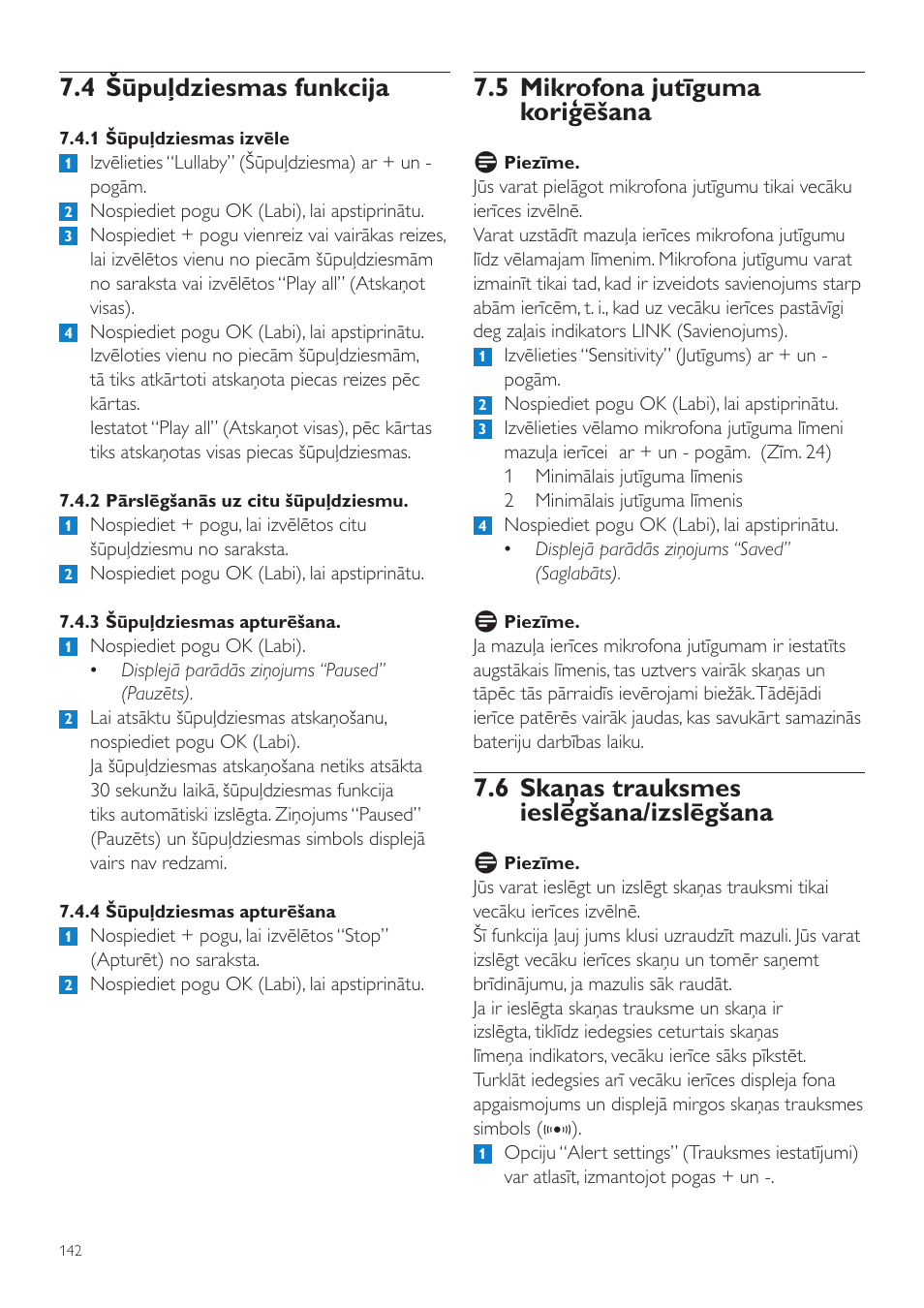 5 mikrofona jutīguma koriģēšana, 6 skaņas trauksmes ieslēgšana/izslēgšana, 4 šūpuļdziesmas funkcija | Philips SCD535 User Manual | Page 142 / 268