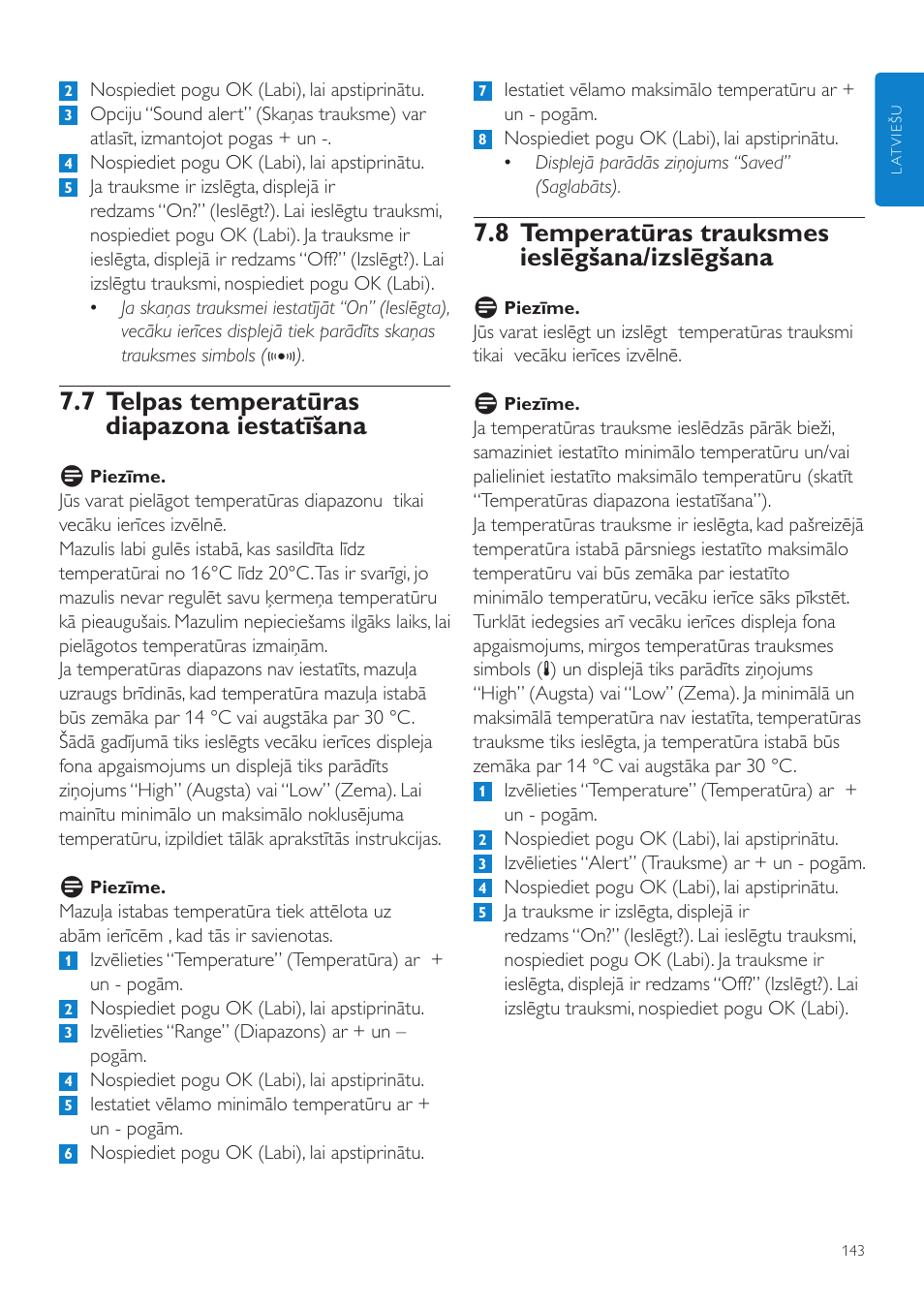 8 temperatūras trauksmes ieslēgšana/izslēgšana, 7 telpas temperatūras diapazona iestatīšana | Philips SCD535 User Manual | Page 143 / 268