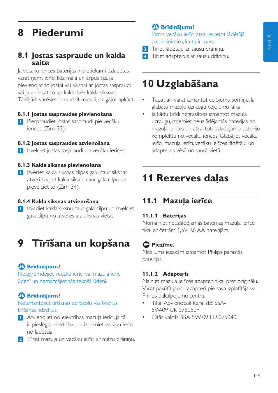 10 uzglabāšana, 11 rezerves daļas, 8 piederumi | 9 tīrīšana un kopšana, 1 mazuļa ierīce, 1 jostas saspraude un kakla saite | Philips SCD535 User Manual | Page 145 / 268