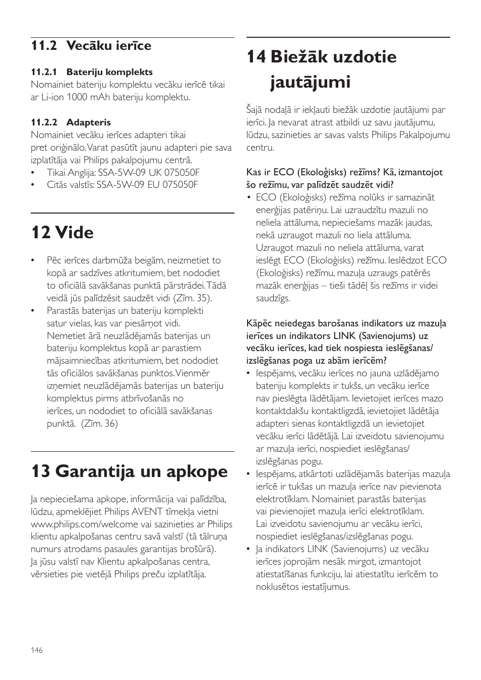 14 biežāk uzdotie jautājumi, 12 vide, 13 garantija un apkope | 2 vecāku ierīce | Philips SCD535 User Manual | Page 146 / 268
