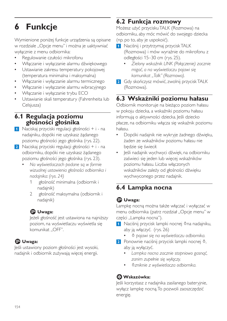 6 funkcje, 2 funkcja rozmowy, 3 wskaźniki poziomu hałasu | 4 lampka nocna, 1 regulacja poziomu głośności głośnika | Philips SCD535 User Manual | Page 154 / 268