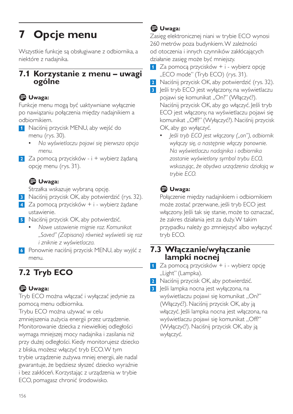 7 opcje menu, 3 włączanie/wyłączanie lampki nocnej, 1 korzystanie z menu – uwagi ogólne | 2 tryb eco | Philips SCD535 User Manual | Page 156 / 268