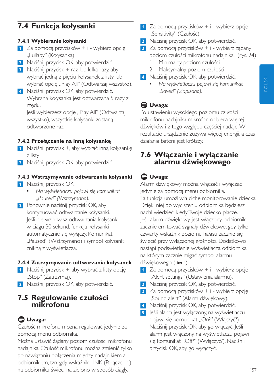 6 włączanie i wyłączanie alarmu dźwiękowego, 4 funkcja kołysanki, 5 regulowanie czułości mikrofonu | Philips SCD535 User Manual | Page 157 / 268