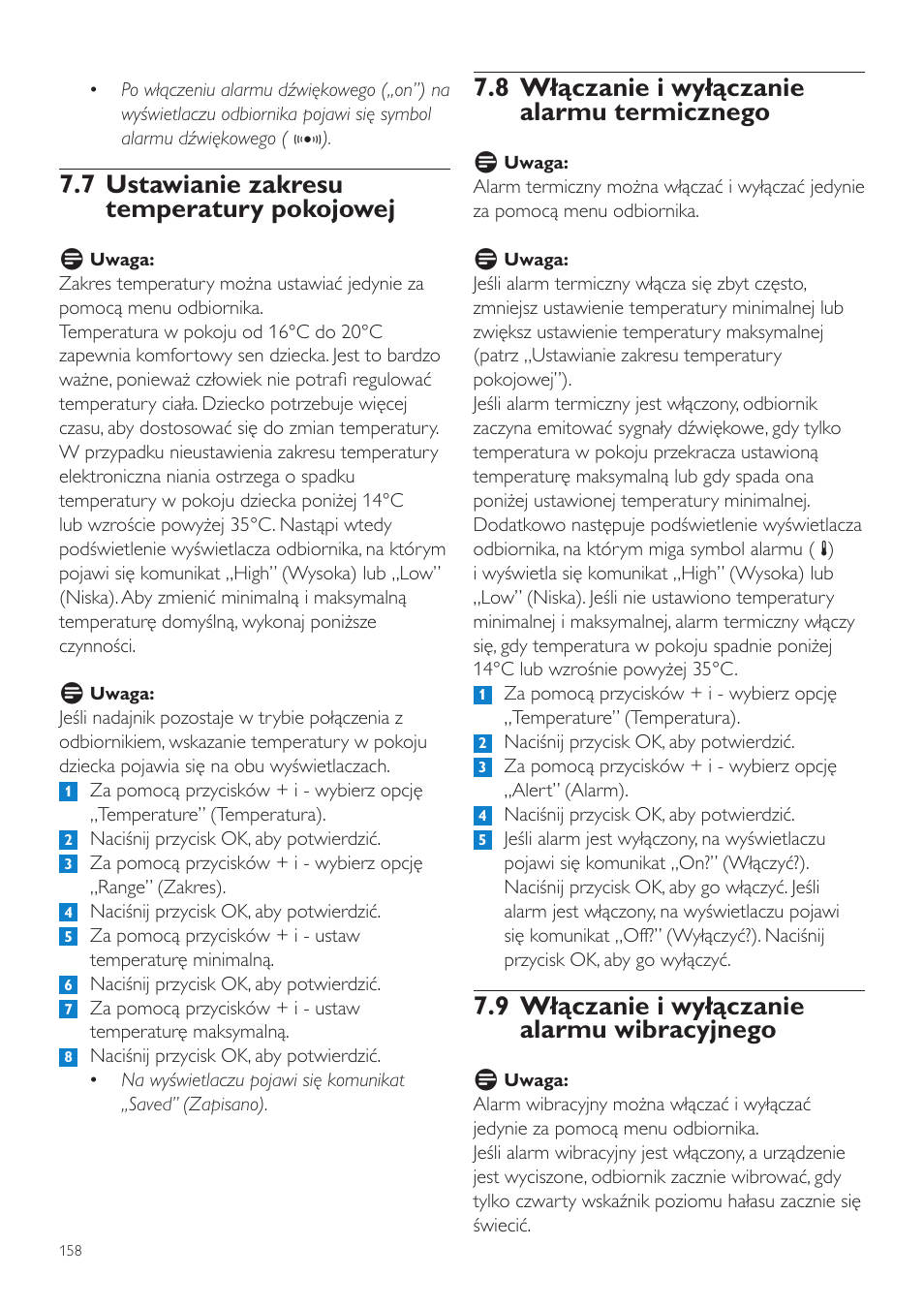 8 włączanie i wyłączanie alarmu termicznego, 9 włączanie i wyłączanie alarmu wibracyjnego, 7 ustawianie zakresu temperatury pokojowej | Philips SCD535 User Manual | Page 158 / 268