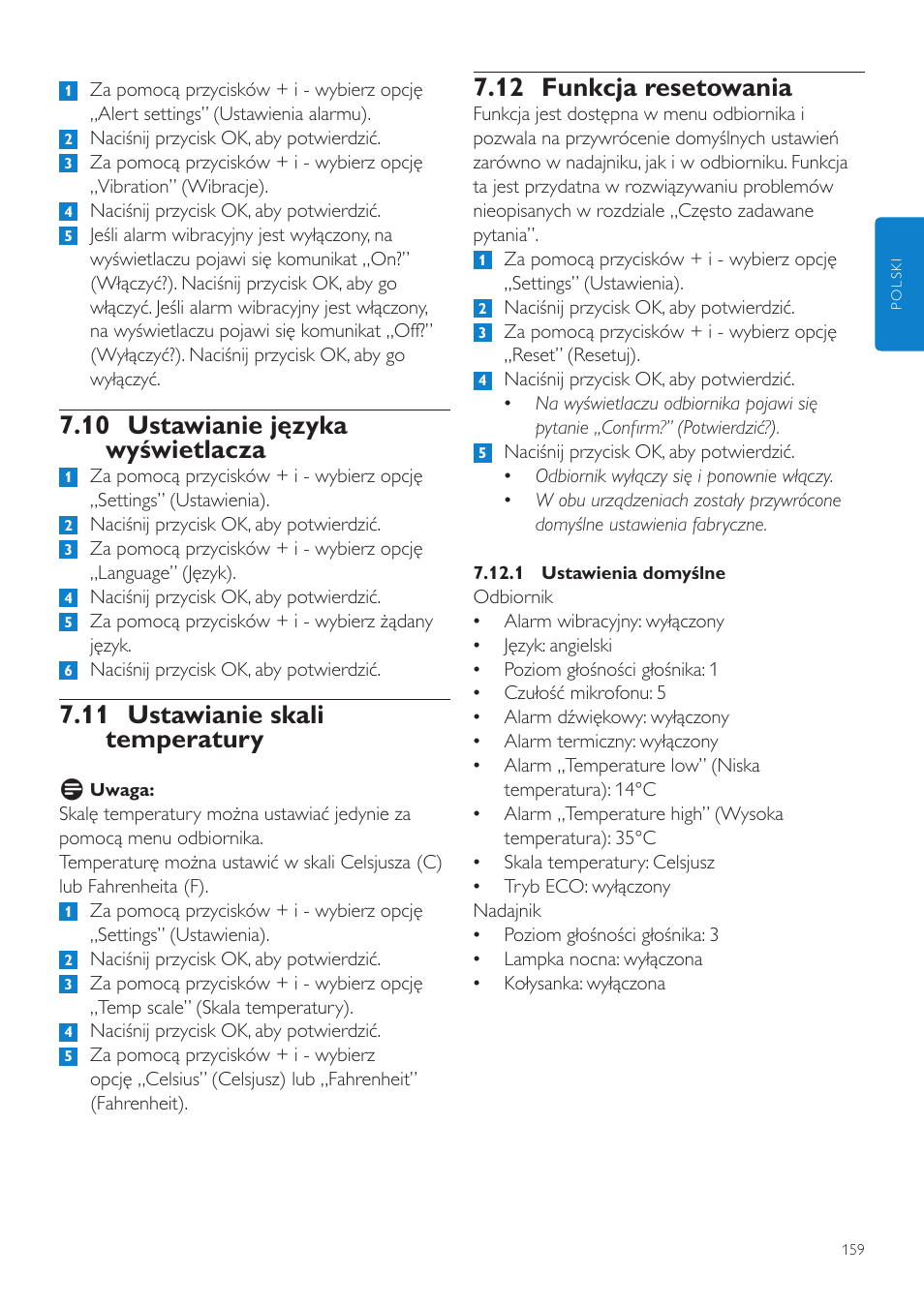 12 funkcja resetowania, 10 ustawianie języka wyświetlacza, 11 ustawianie skali temperatury | Philips SCD535 User Manual | Page 159 / 268