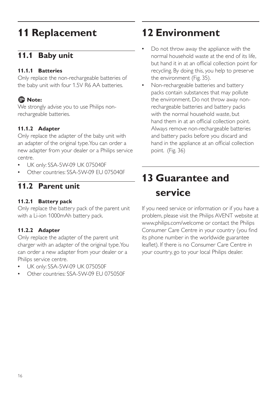 12 environment, 13 guarantee and service, 11 replacement | 1 baby unit, 2 parent unit | Philips SCD535 User Manual | Page 16 / 268