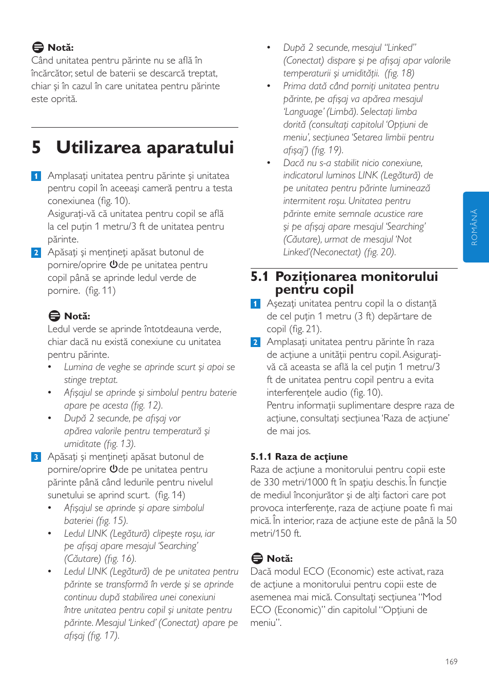 5 utilizarea aparatului, 1 poziţionarea monitorului pentru copil | Philips SCD535 User Manual | Page 169 / 268