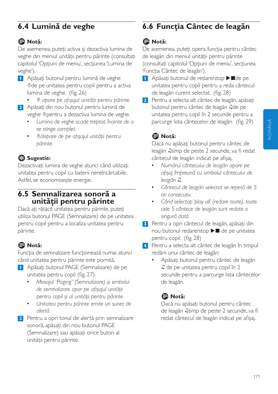 6 funcţia cântec de leagăn, 4 lumină de veghe, 5 semnalizarea sonoră a unităţii pentru părinte | Philips SCD535 User Manual | Page 171 / 268