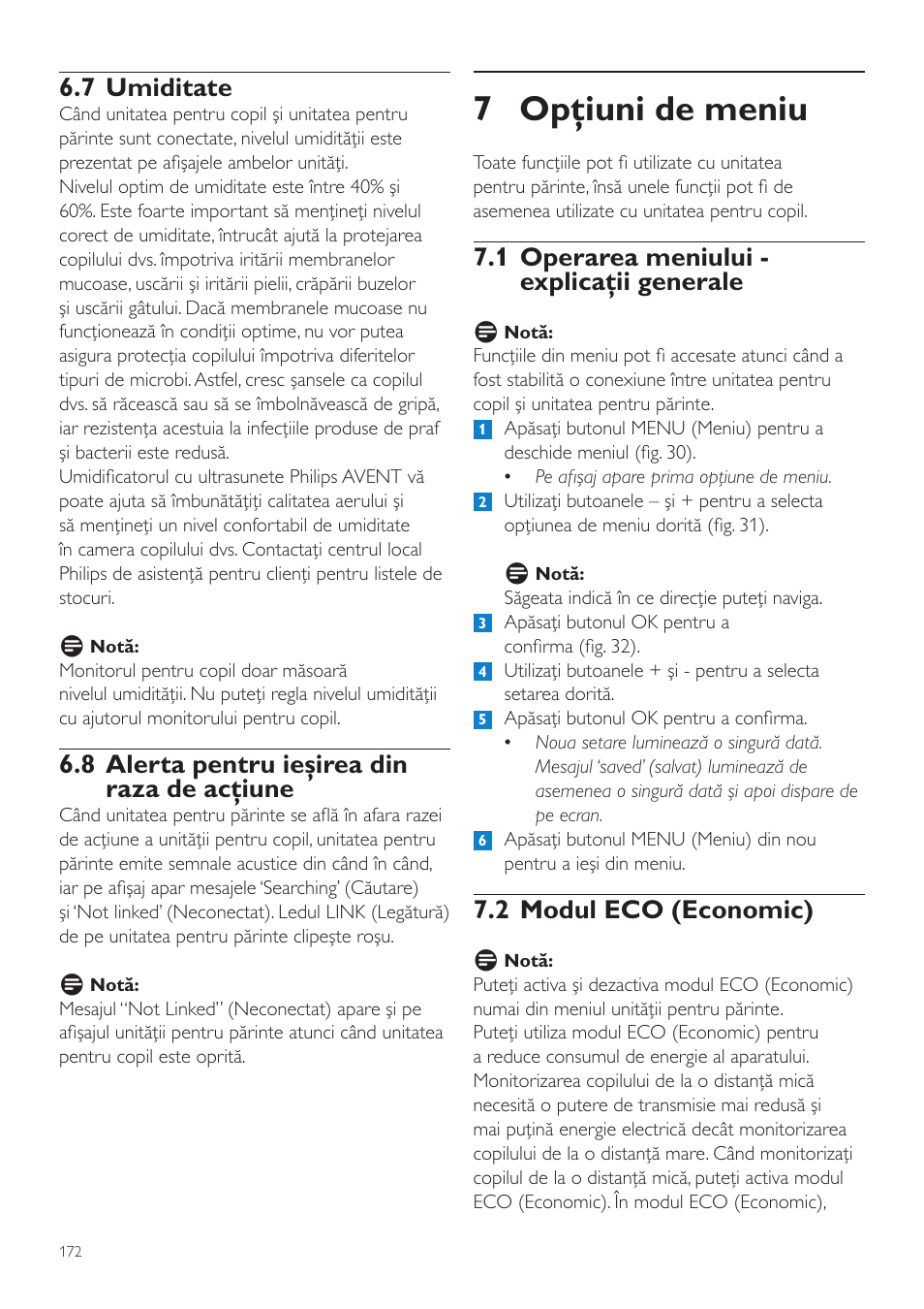 7 opţiuni de meniu, 1 operarea meniului - explicaţii generale, 2 modul eco (economic) | 7 umiditate, 8 alerta pentru ieşirea din raza de acţiune | Philips SCD535 User Manual | Page 172 / 268