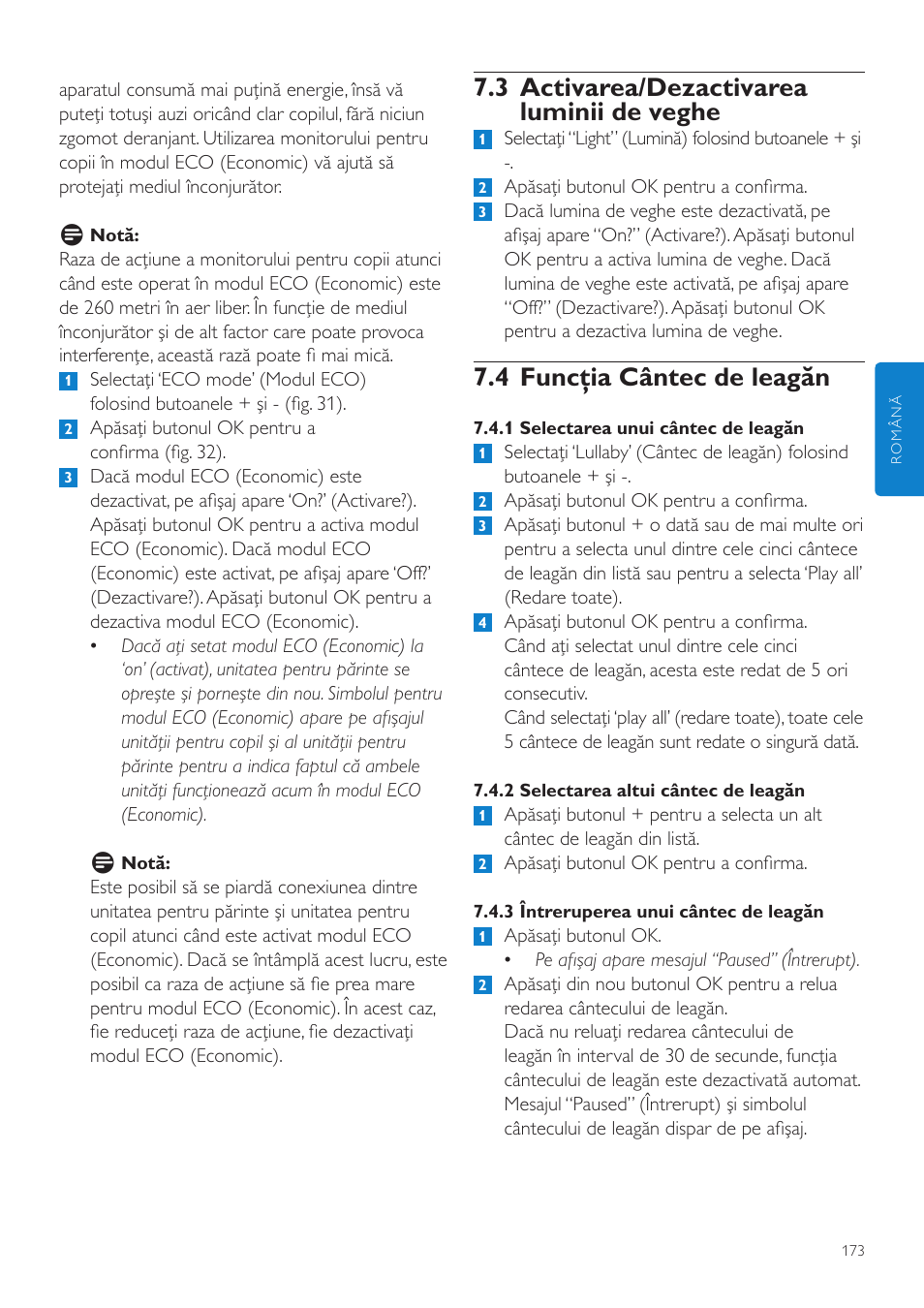 3 activarea/dezactivarea luminii de veghe, 4 funcţia cântec de leagăn | Philips SCD535 User Manual | Page 173 / 268